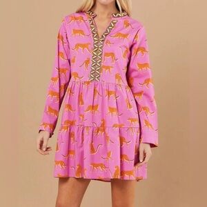 Sheridan French Beaded Cheetah Print Pink Tunic Dress XS